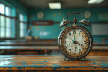 A classroom clock ticking away the final moments of the school year, signaling the impending...