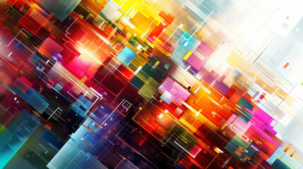 Abstract digital background with colorful geometric shapes and glowing lines, representing technology and creativity in the style of technology and creativity