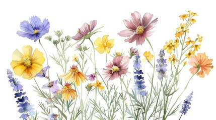 Obraz premium Vibrant watercolor illustration of a bouquet of wildflowers in various hues of purple, yellow, and orange