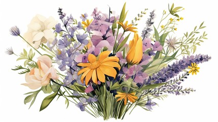 Vibrant watercolor illustration of a bouquet of wildflowers in various hues of purple, yellow, and orange