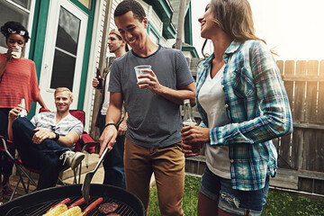 Friends, people and alcohol in garden with bbq for social event, party and celebration with...
