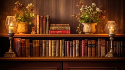 Vintage bookshelf in warm ambient light