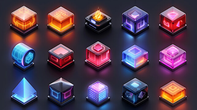 Design set of icon representing latest tech innovation including AI VR blockchain sustainable energy. Each icon should sleek using futuristic color palette neon blue purple should embody essence of te