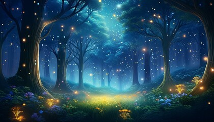  A quiet forest clearing at night, illuminated by the soft glow of fireflies. Tall, dark tree