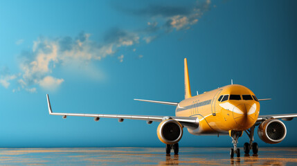 Naklejka premium Passenger yellow airplane on dark blue background, commercial passenger airplane, transport flight plane