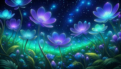  The flowers gently swaying in a soft breeze, under a sky dotted with countless stars.