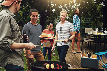 Friends, barbecue and serving with plate in backyard with diversity cooking and choice with meat on...