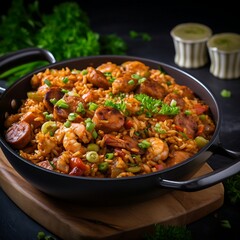 Fototapeta premium Spanish paella with shrimps, sausages and vegetables
