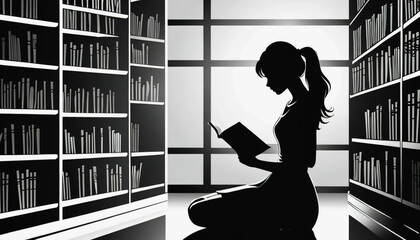 World Book Lovers Day. a girl is reading a book in the library. A girl is reading a book
