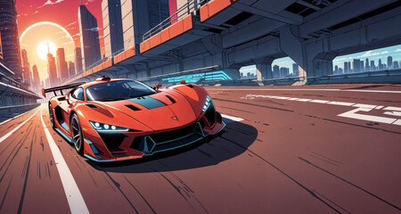 Comic book style Race Car in a futuristic city 