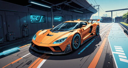 Fototapeta premium Comic book style Race Car in a futuristic city 