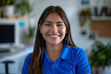 A young mexican community manager wearing a blue polo shirt in a white office, laugh