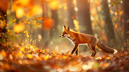 Fototapeta premium A red fox prowling through a sun-dappled forest