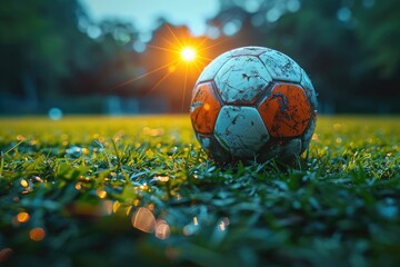 A soccer ball is on a green field with a bright light shining on it