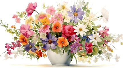 Watercolor painting of a vibrant bouquet of wildflowers in a rustic vase