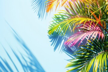 Colorful palm tree leaves background with copy space for text. Floral pattern wallpaper with shadows from shining sun