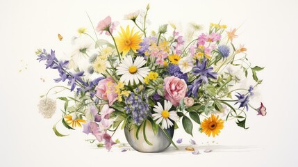 Watercolor painting of a vibrant bouquet of wildflowers in a rustic vase