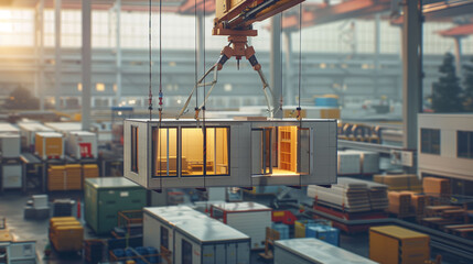 modular house was lifted by a moving crane,In the middle of a large courtyard,lifting module, container, crane.