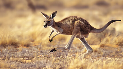 A kangaroo bounding effortlessly across the vast Australian Outback