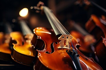 Group of violins in a music store, note shallow depth of field