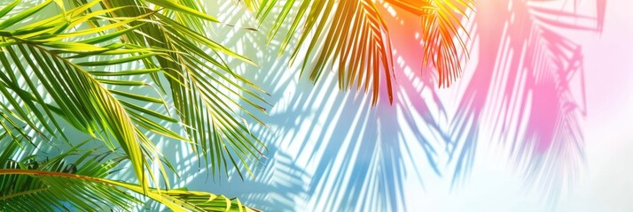 Colorful palm tree leaves background with copy space for text. Floral pattern wallpaper with shadows from shining sun