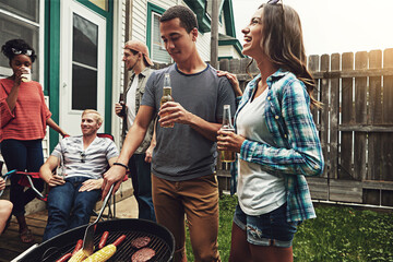 Friends, people and drinking in garden with bbq for social event, party and celebration with...