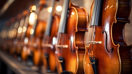 Group of violins in a music store, note shallow depth of field