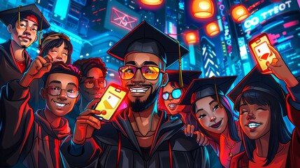 Obraz premium Group of students taking photo on graduation day. graduation. Illustrations