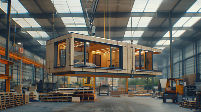 modular house was lifted by a moving crane,In the middle of a large courtyard,lifting module, container, crane.