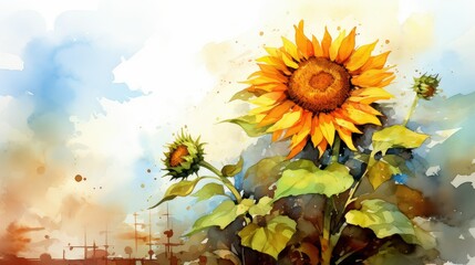 Watercolor sketch of a sunflower reaching towards the sun with its golden petals and rich brown center