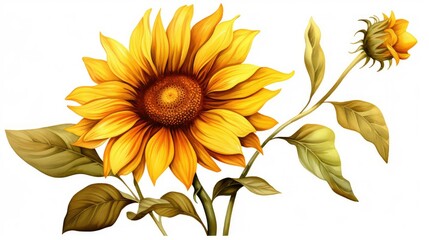 Watercolor sketch of a sunflower reaching towards the sun with its golden petals and rich brown center