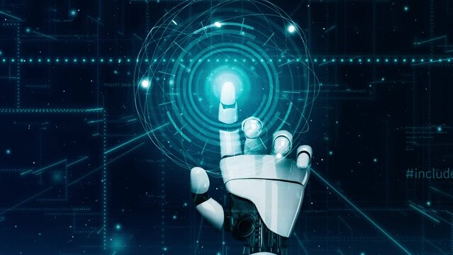 MLP Futuristic robot artificial intelligence revolutionary AI technology development and machine learning concept. Global robotic bionic science research for future of human life. 3D rendering graphic