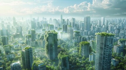 Naklejka premium Growth and progress in urban development, visualizing the transformation of cityscapes with sustainable architecture