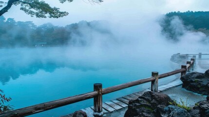 A misty, foggy day with a body of water and a house in the background
