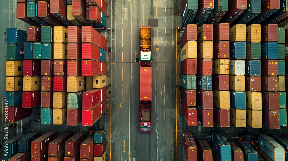 Wall mural load containers in cargo ship with industrial crane.