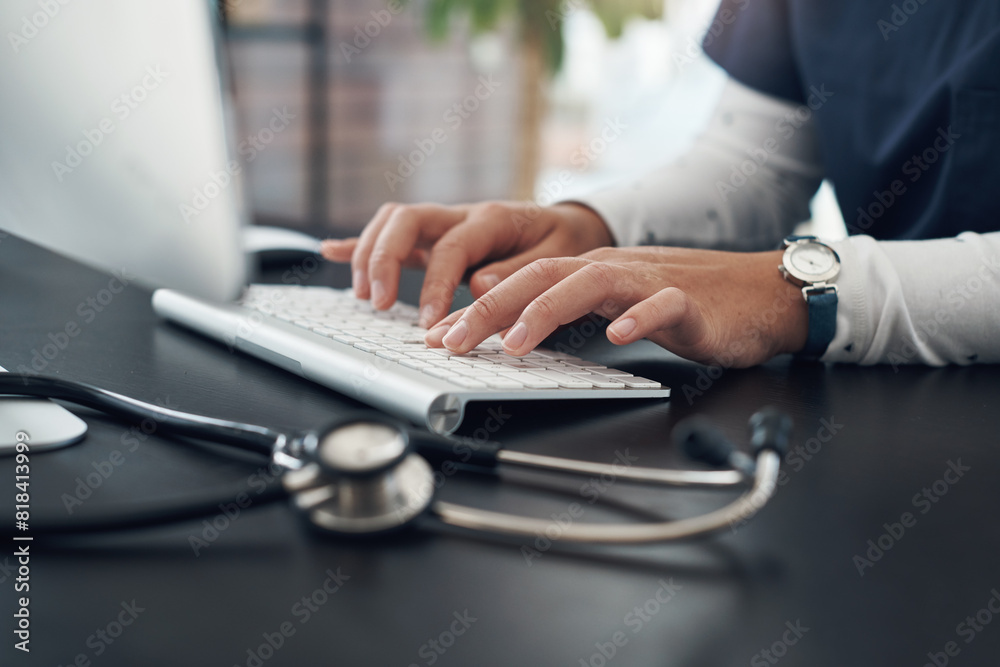 Poster internet, hand and doctor by desk for typing with check test results, writing report and connection 