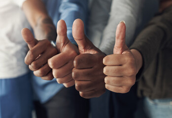 People, thumbs up or thank you for good job with yes, approval and like emoji hands. Collaboration,...