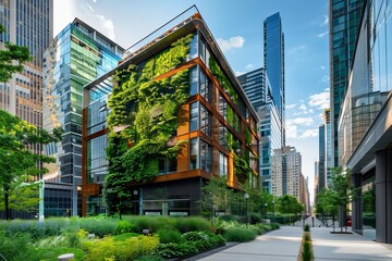 Green architecture. Eco friendly building with green plant and blue sky