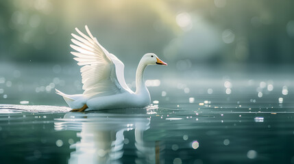 A goose gracefully gliding across the surface of a tranquil lake - Powered by Adobe