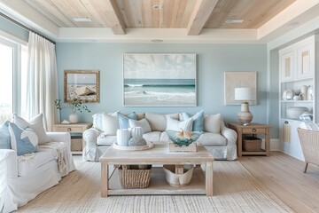 Fototapeta na wymiar Serene Beach Themed Oasis with Sandy Textures Living Room