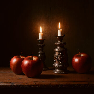 Emulated analogue film still life of three apples and two candles.