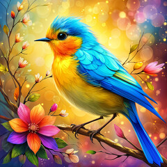 A vibrant blue and yellow bird perched on a branch with colorful flowers around it, set against a blurred background of bokeh lights.