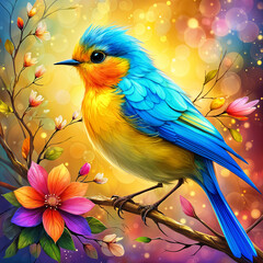 Fototapeta premium A vibrant blue and yellow bird perched on a branch with colorful flowers around it, set against a blurred background of bokeh lights.
