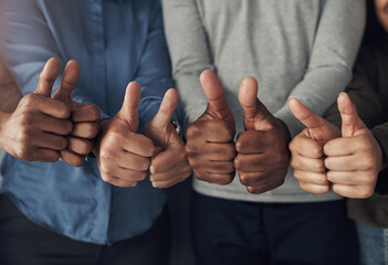 Business people, hands, and thumbs up for support, agreement and feedback with review, icon and...
