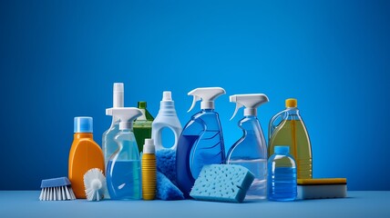 Cleaning products on a blue background.
