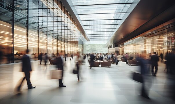 Long exposure shot of crowd of business people walking in the lobby of a modern office building