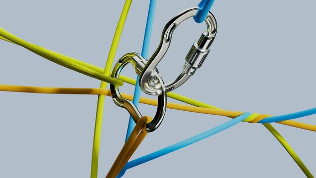 Climbing carabiner safety check, closeup of ropes