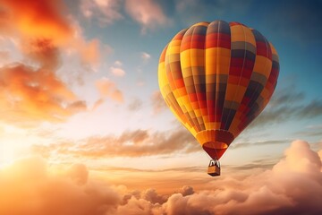 Hot air balloon flying high in the sky at sunset