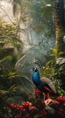Obraz premium Vibrant peacock, a stunning display of nature's beauty, showcasing the colorful plumage and elegant presence of this majestic, a symbol of grace and elegance.