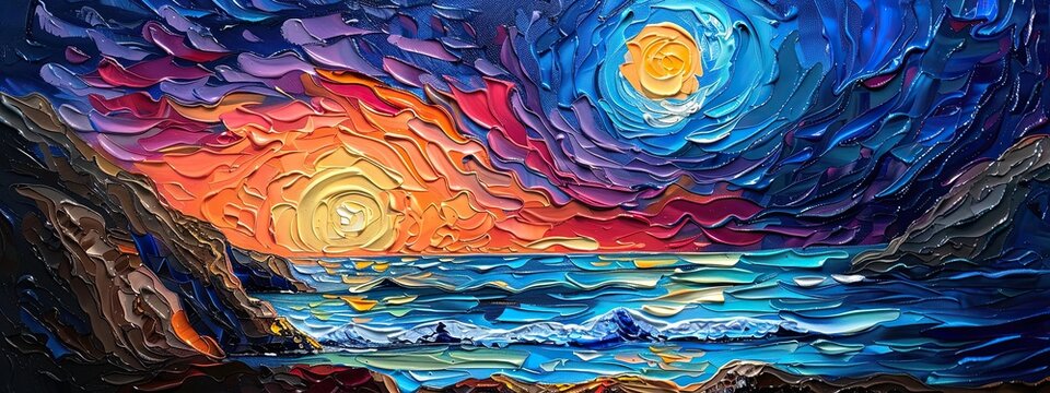 Impasto, starry sky and sea, a singular of texture and depth, capturing the ethereal beauty and mystique of celestial bodies reflected in the vastness of the ocean.